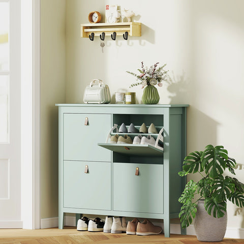 Mint green wooden shoe cabinet with four flip drawers and built-in shoe rack from homcom for modern storage