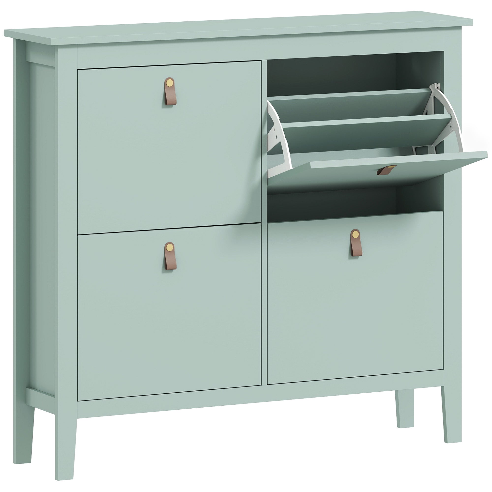 Homcom modern mint green wooden shoe cabinet with four flip drawers and a hinged shelf for easy storage