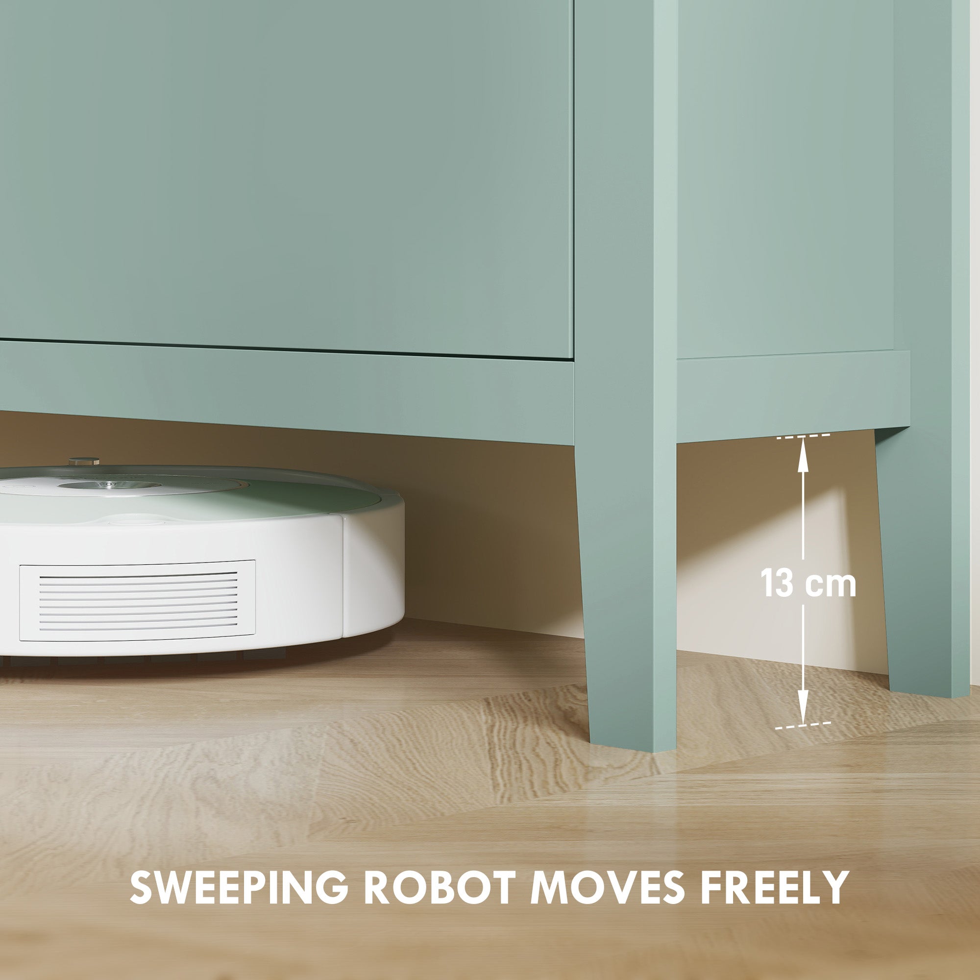 White circular robotic vacuum cleaner shown under a green HOMCOM modern shoe cabinet with four flip drawers