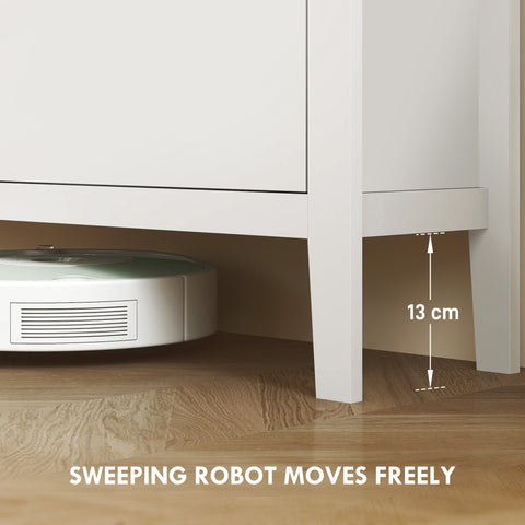 White four flip drawer HOMCOM shoe cabinet shown next to a sleek white robotic vacuum cleaner with green accents