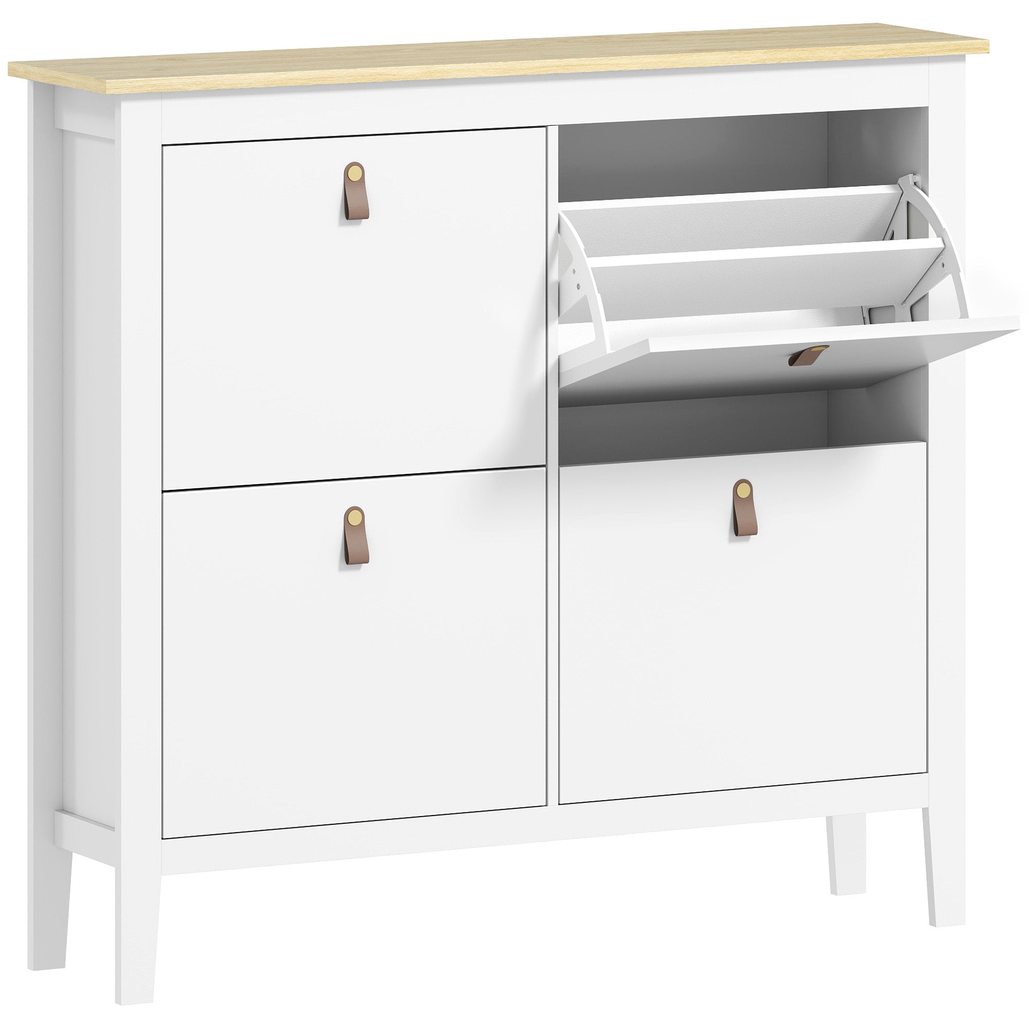 White homcom shoe cabinet with four flip drawers featuring a light wood top and brown leather-like handles