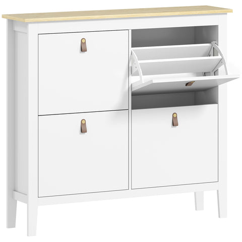 White homcom shoe cabinet with four flip drawers featuring a light wood top and brown leather-like handles
