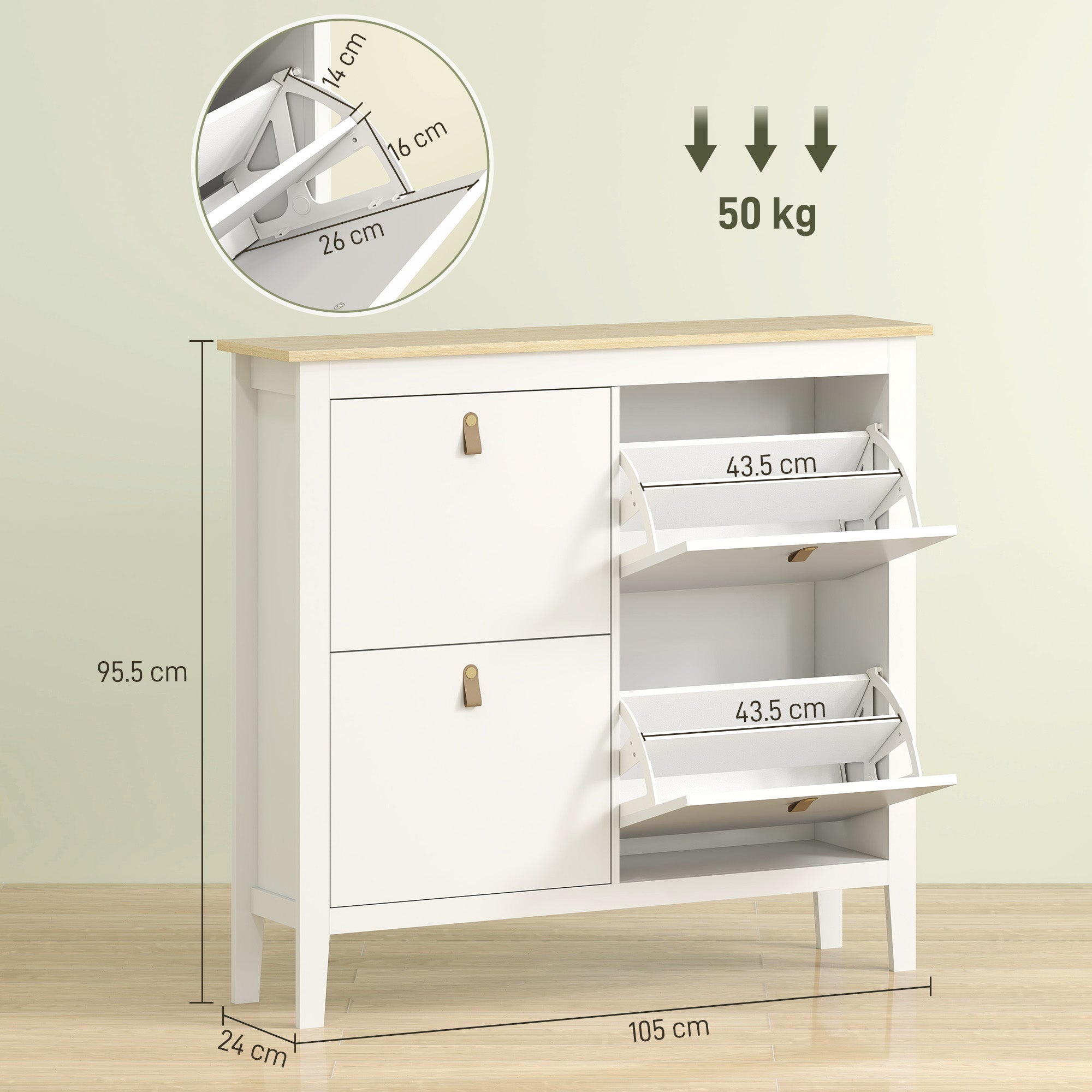 Homcom modern white shoe cabinet with light wood top, two drawers, and four flip pull-out shelves for shoes