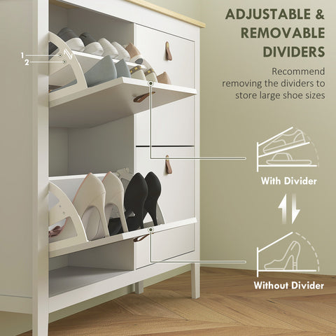 White shoe cabinet with four flip drawers featuring adjustable and removable dividers for various shoe sizes