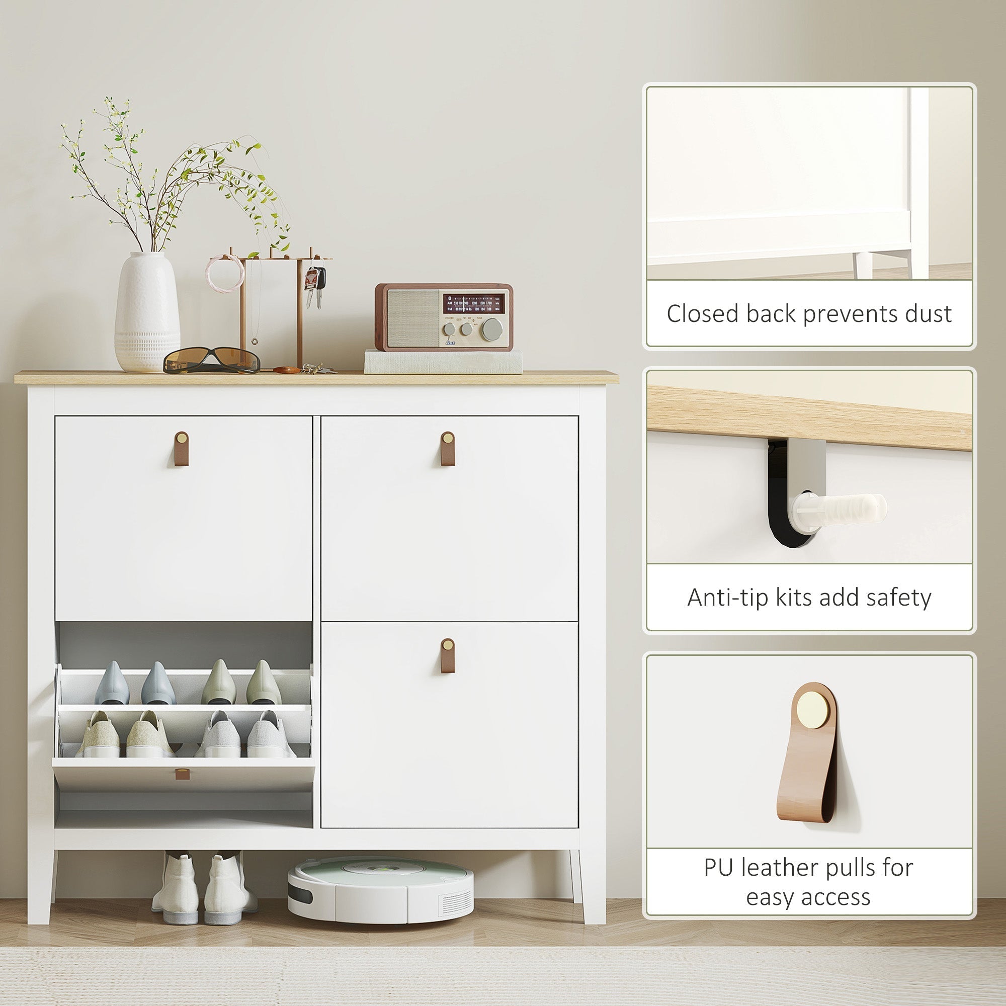White homcom shoe cabinet with four flip drawers wooden top and pu leather handles for organized storage