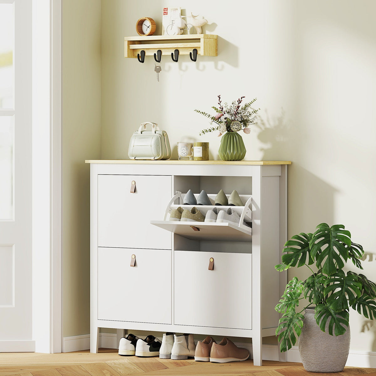 White wooden shoe cabinet with four flip drawers and leather handles featuring a pull-out shelf by homcom