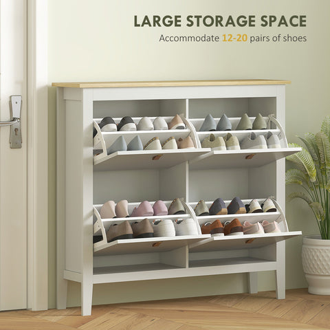 White wooden shoe cabinet with four flip drawers and light wood top fits 12 to 20 pairs for modern storage