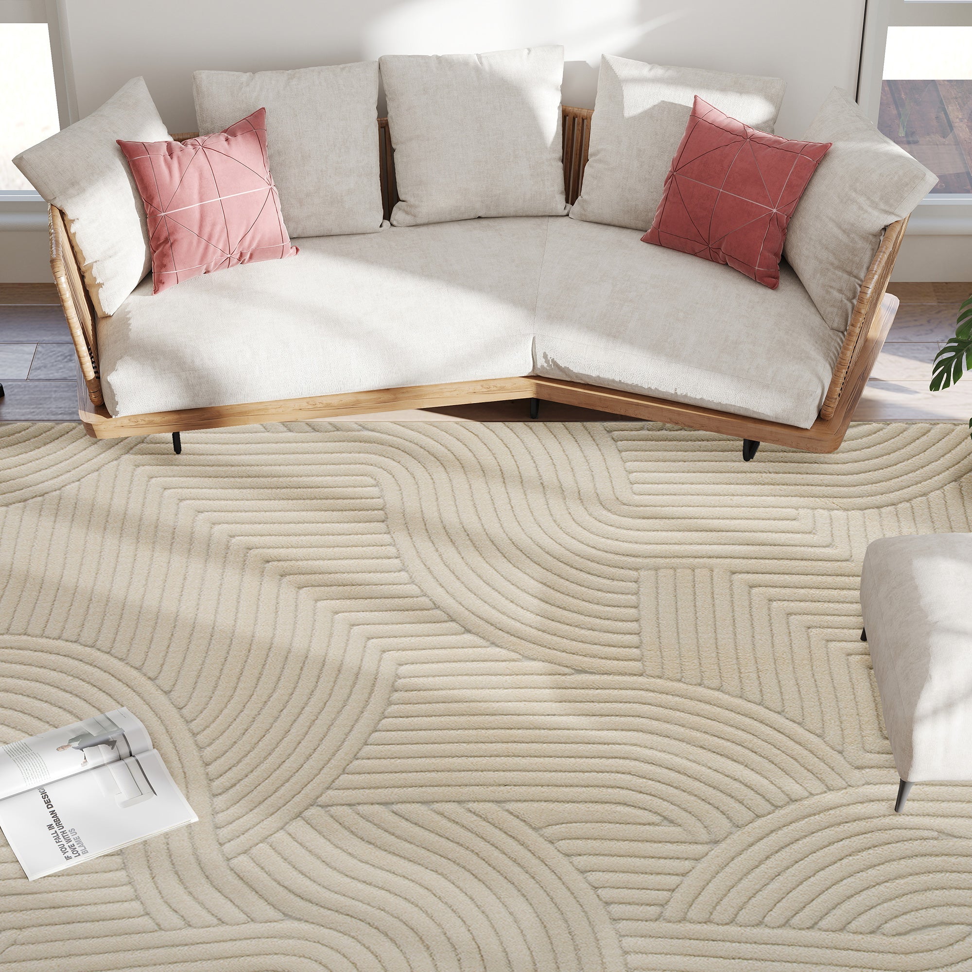 Beige homcom modern geometric rug with thick plush raised textured loops non-slip for living room bedroom office