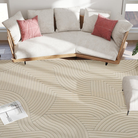 Beige homcom modern geometric rug with thick plush raised textured loops non-slip for living room bedroom office