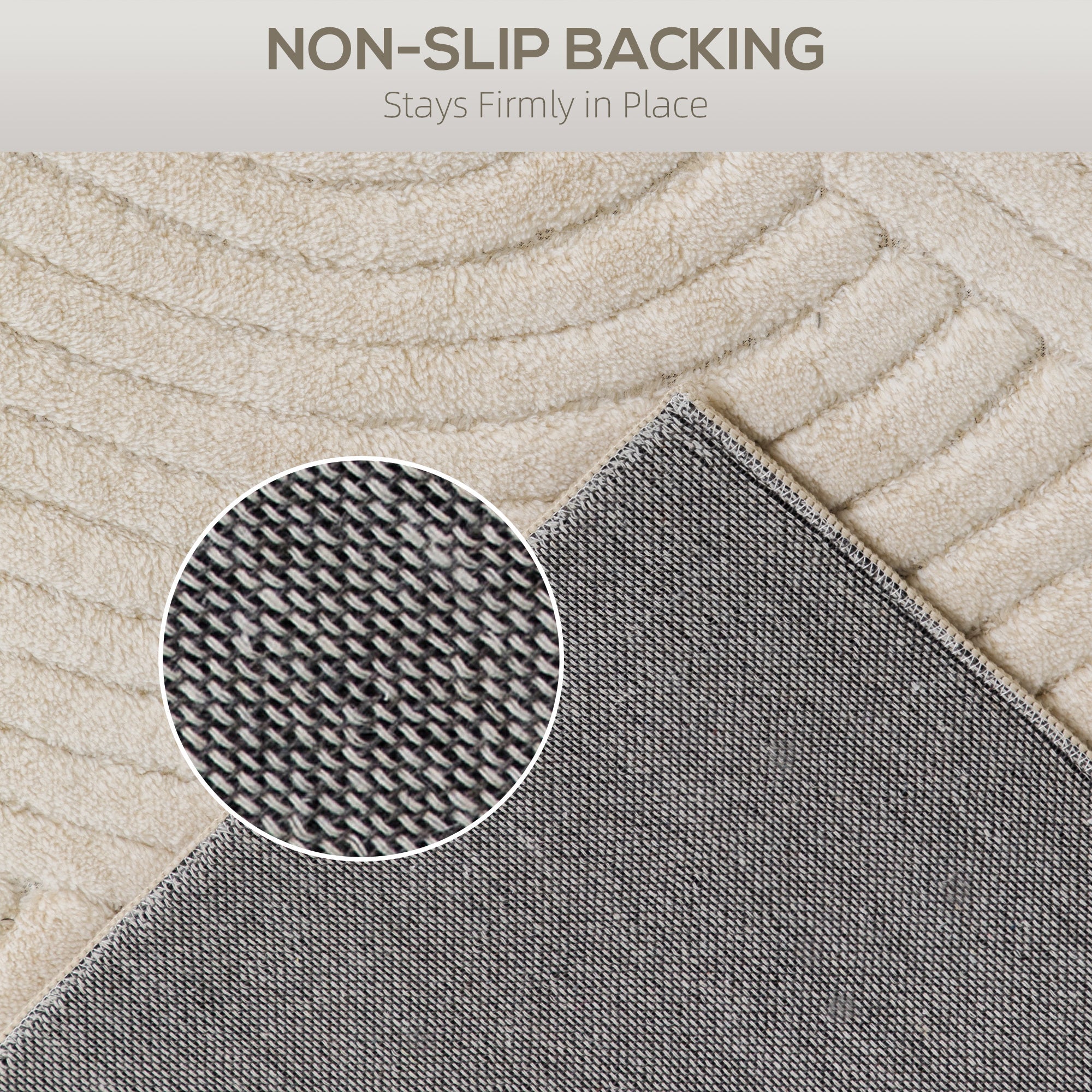 Beige plush circular rug with thick ribbed texture and non-slip gray fabric backing for living room or bedroom