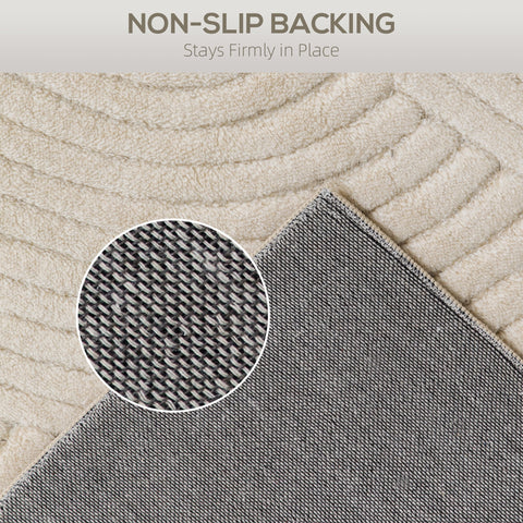 Beige plush circular rug with thick ribbed texture and non-slip gray fabric backing for living room or bedroom