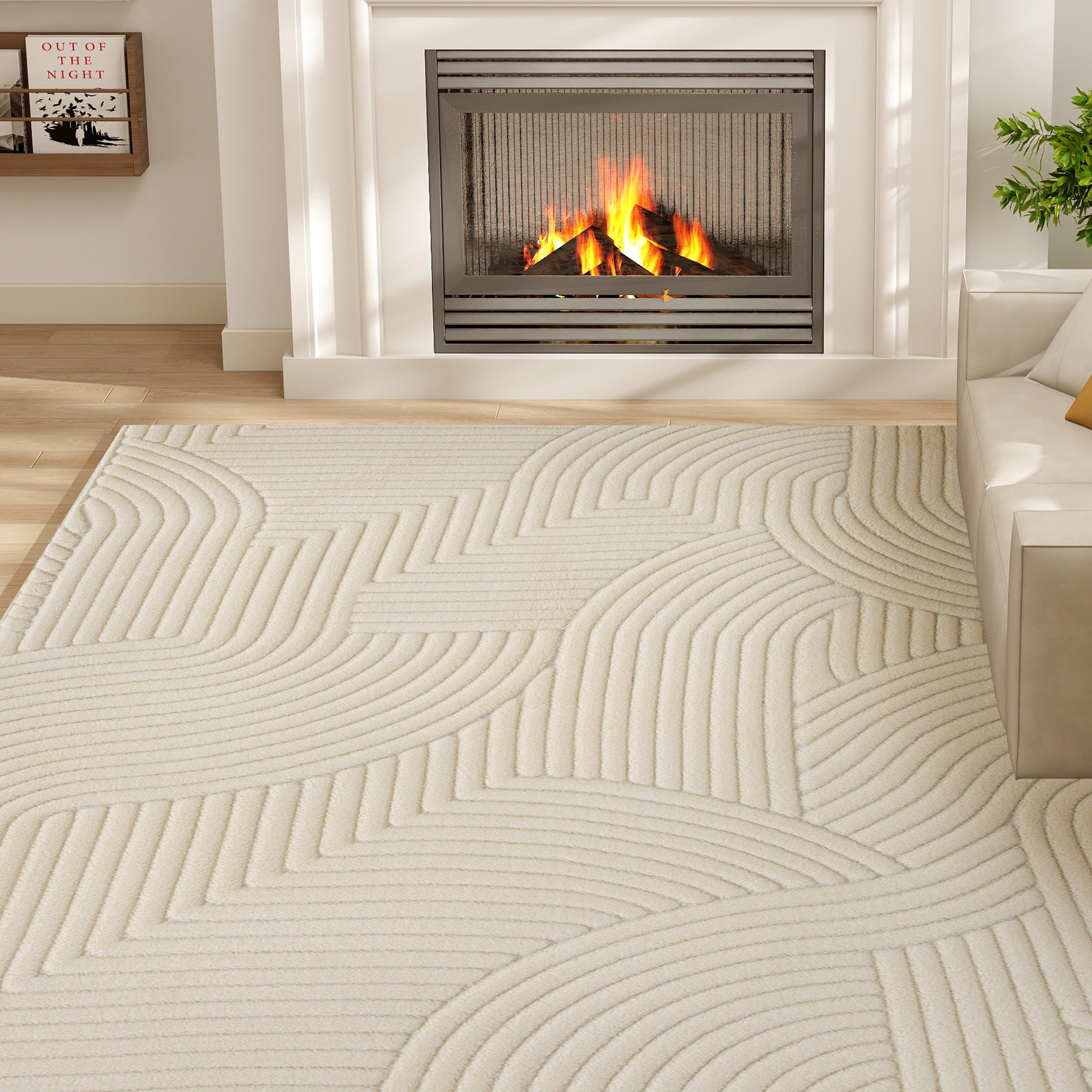 Cream-colored homcom modern geometric rug with thick plush wave pattern and non-slip backing for living room or bedroom
