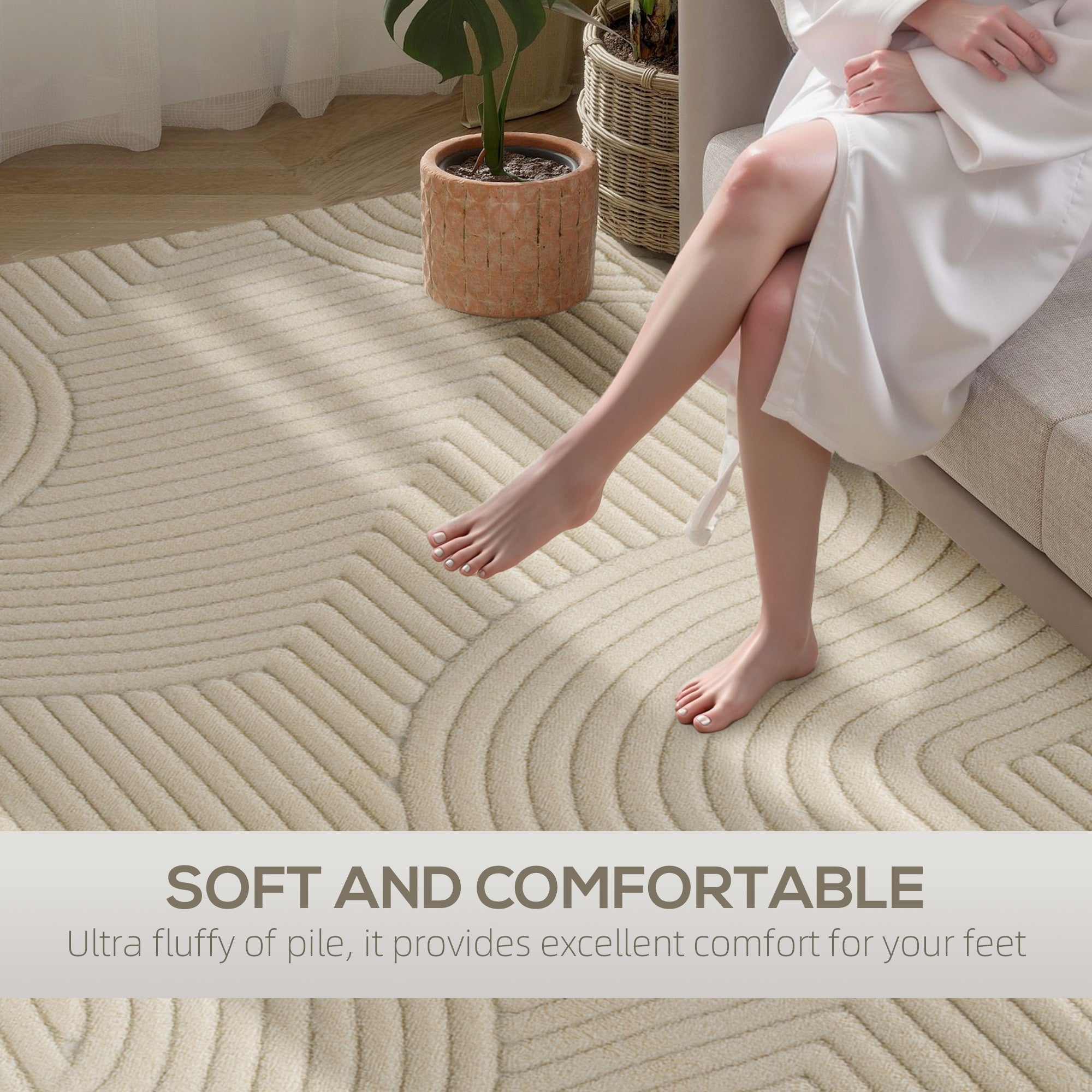 Cream colored homcom modern geometric rug with thick plush ultra fluffy pile and subtle wave pattern for living spaces