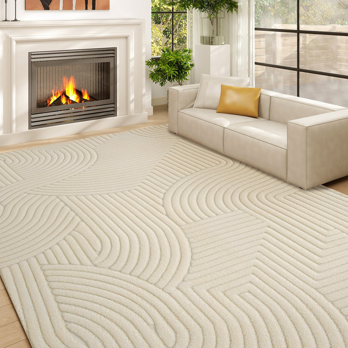 Cream-colored homcom modern geometric rug with thick plush texture and wave-like pattern for living room or bedroom