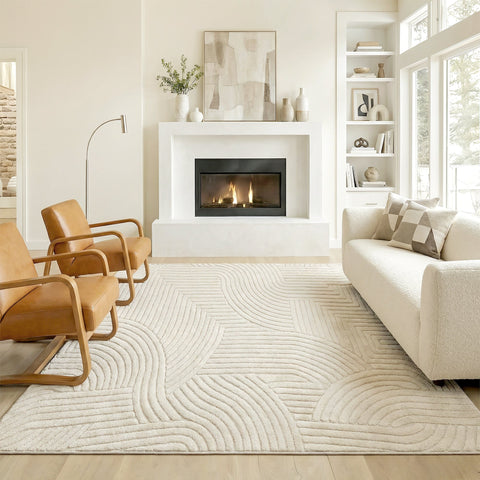 Cream-colored homcom modern geometric rug with thick plush raised wave pattern non-slip for living room or bedroom