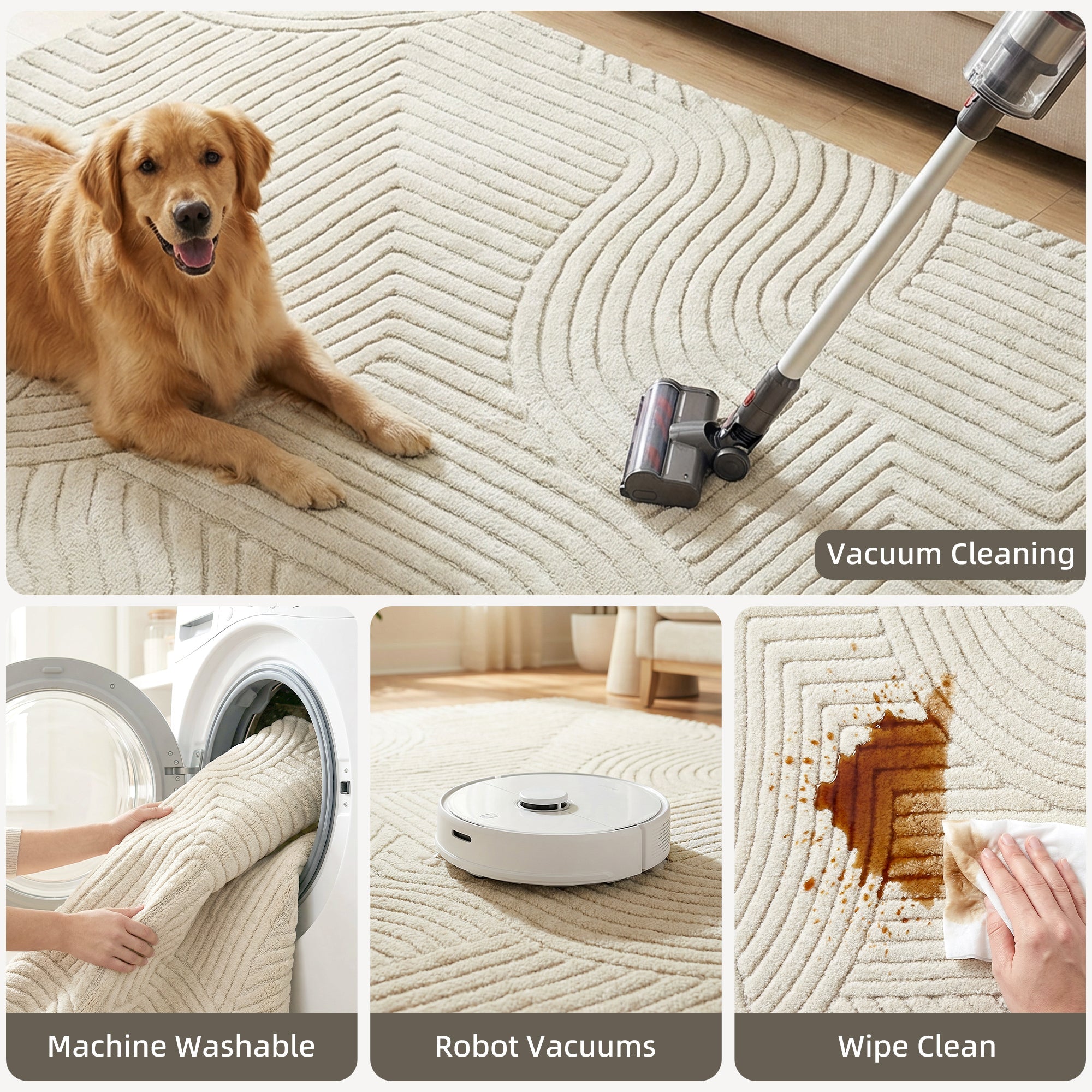 Cream-colored plush HOMCOM modern geometric rug with thick non-slip material for living room bedroom or office use
