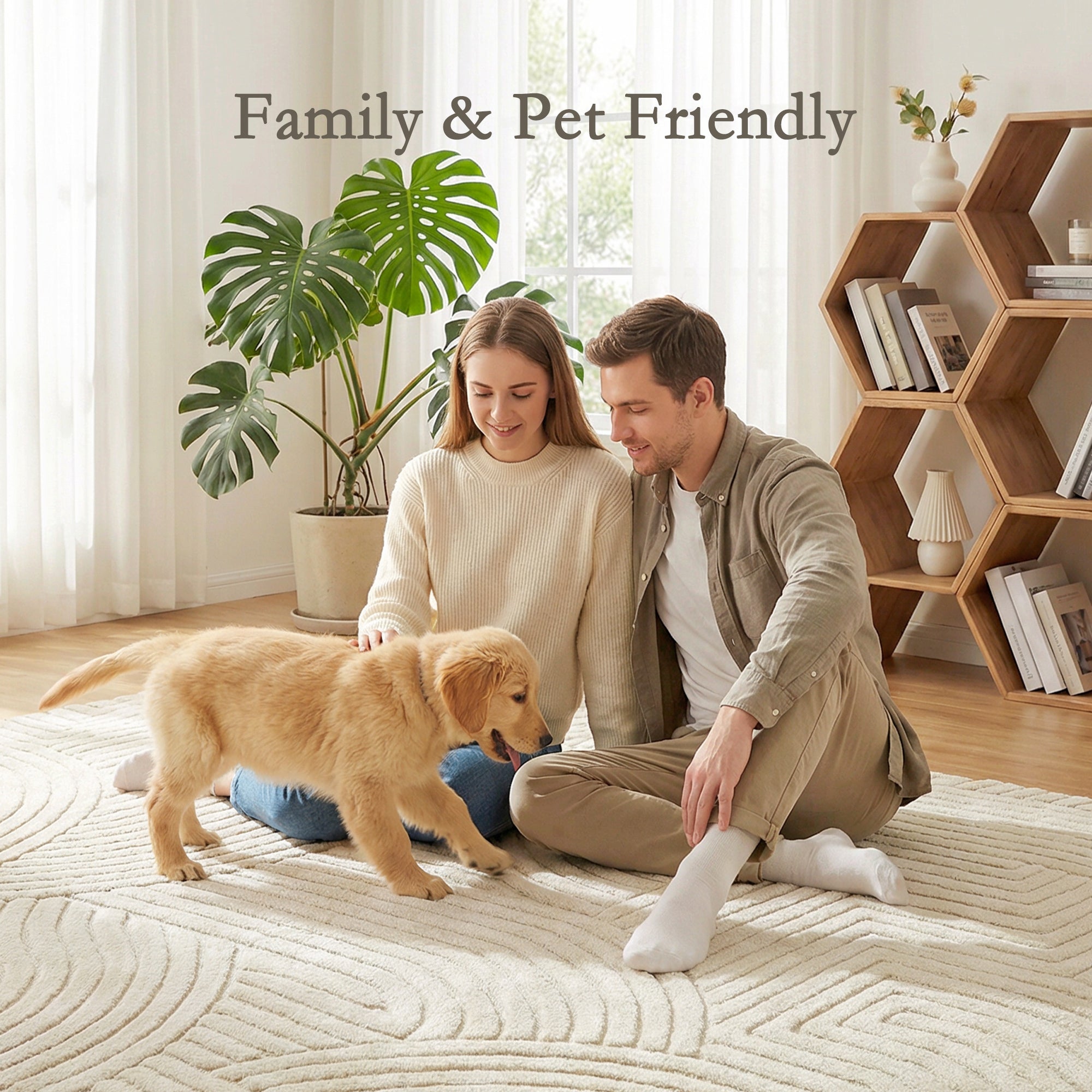 Soft beige homcom modern geometric rug with thick plush texture and subtle wave pattern for living room or bedroom