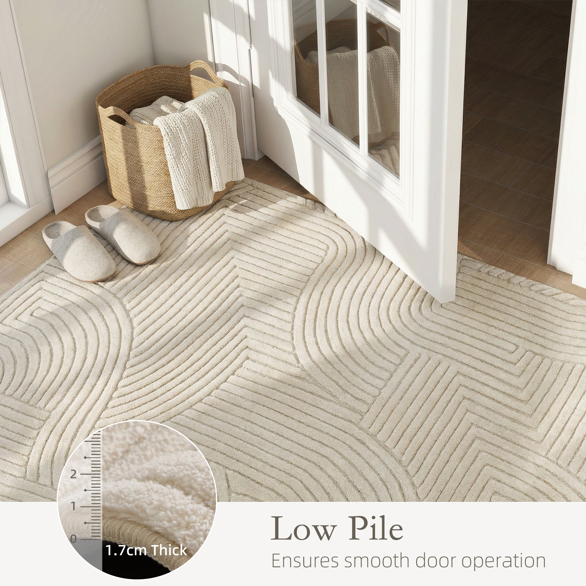Beige low-pile homcom modern geometric rug with textured chevron pattern and 1.7cm thickness for smooth door use