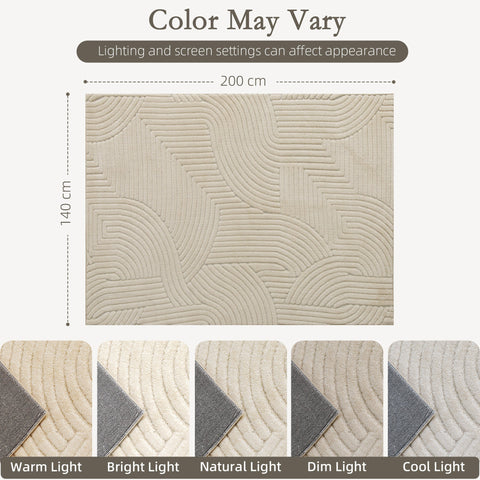 Beige textured homcom modern geometric rug with thick plush material and wave pattern shown in different lighting conditions