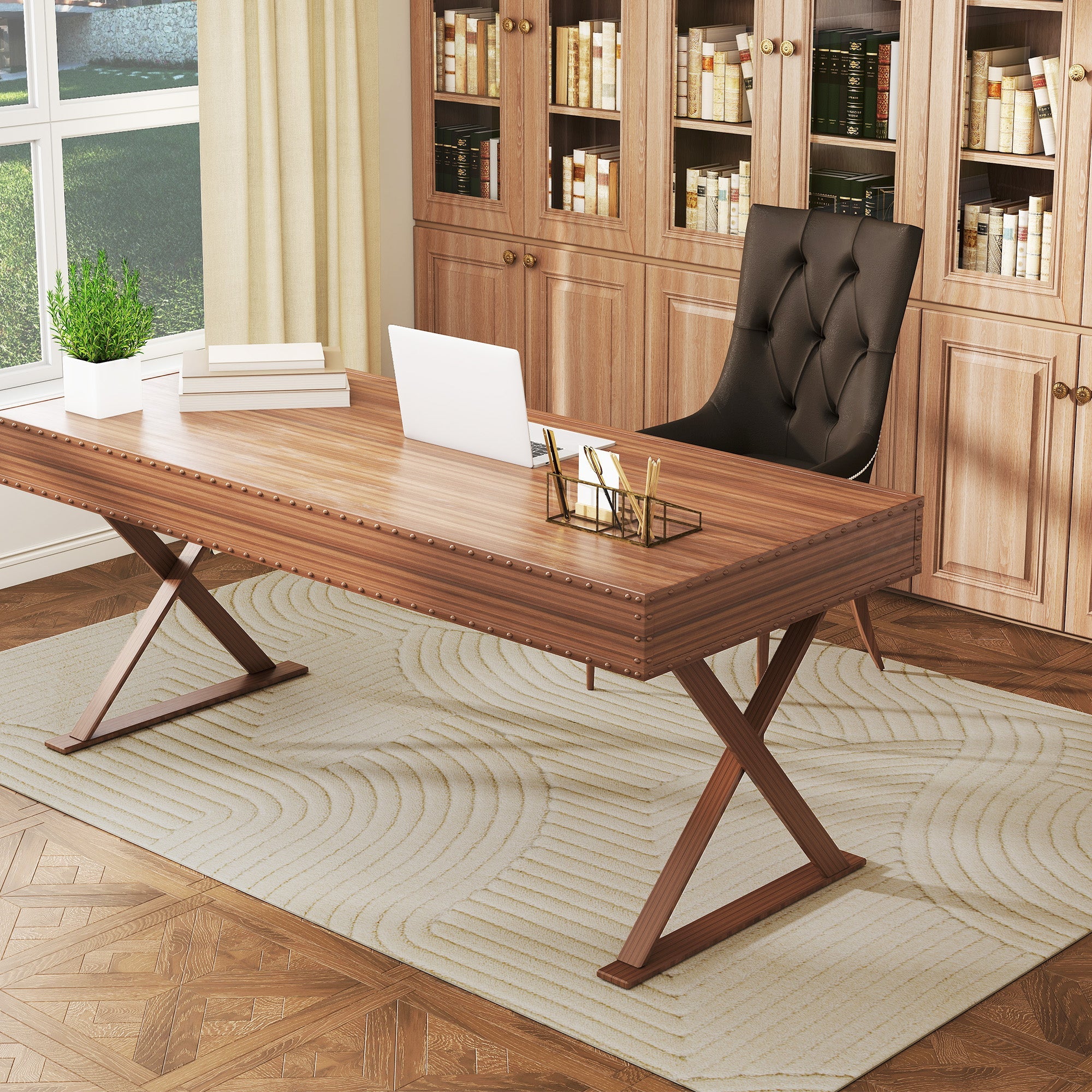 Wooden desk with rich brown finish and x-shaped metal legs shown on cream homcom modern geometric rug for living room