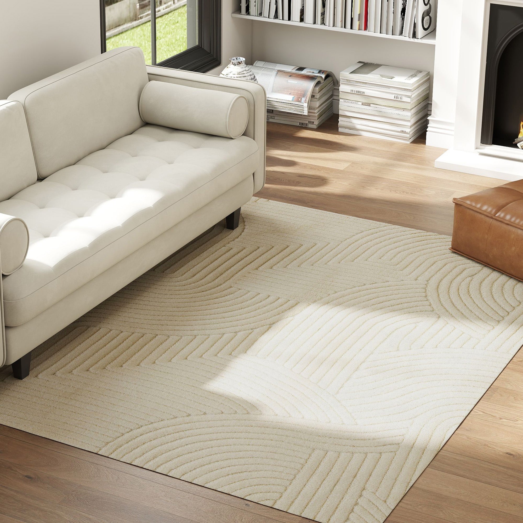 Beige homcom modern geometric rug with thick plush texture and subtle raised wave pattern for living room or bedroom