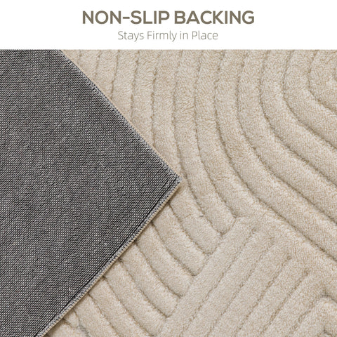 Beige plush bath mat with textured wave pattern and dark gray non-slip backing from HOMCOM geometric rug cream