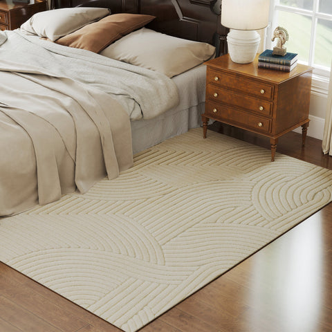 Beige homcom modern geometric rug with subtle wave texture dark border thick plush non slip for living room and bedroom