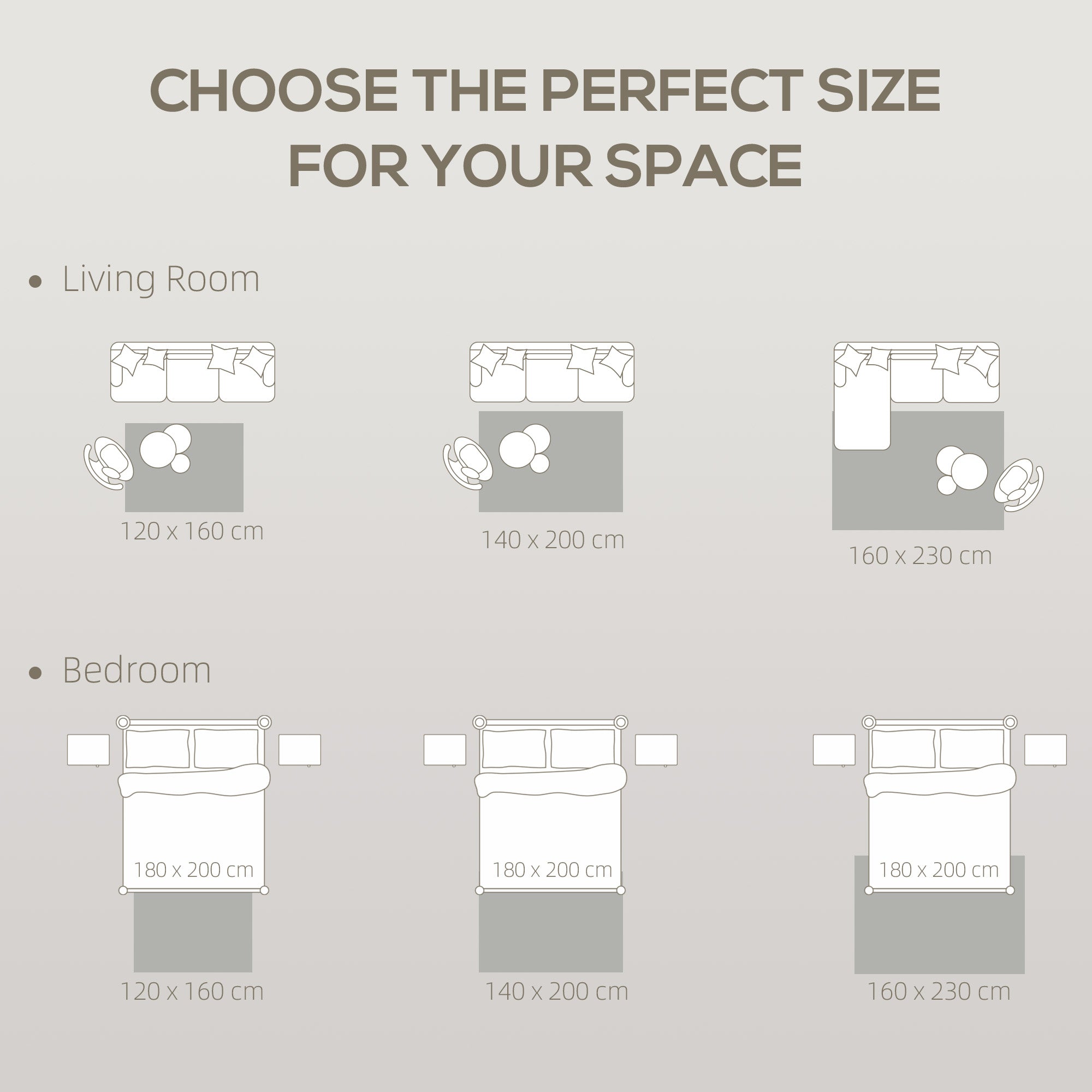 Minimalist monochrome diagram showing recommended room sizes for cream homcom modern geometric rug in living rooms and bedrooms