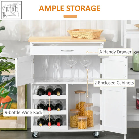 White homcom kitchen trolley with wooden top, drawer, two cabinets, and three-bottle wine rack for storage and rolling use