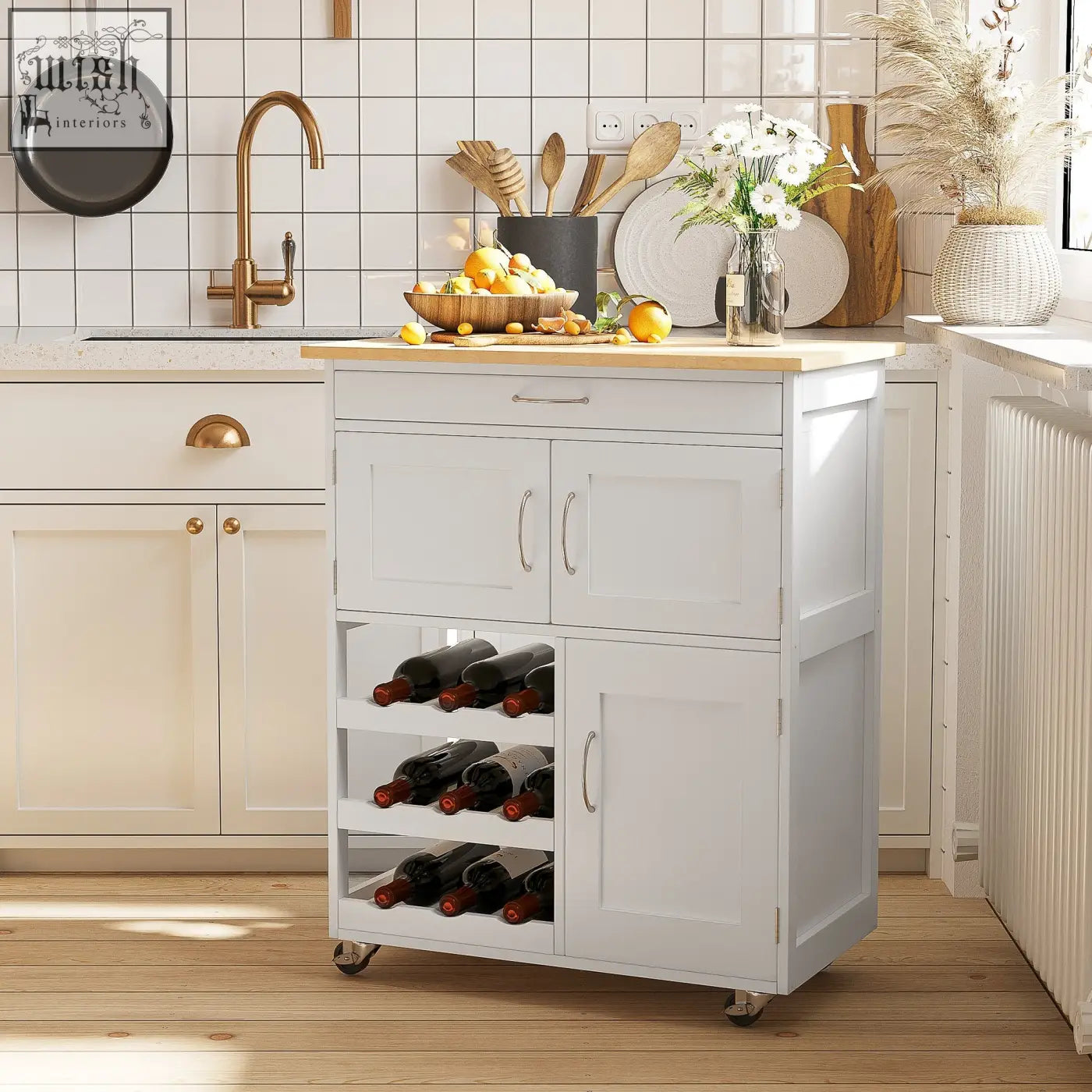 White homcom kitchen cart with wooden countertop and three three-bottle wine rack storage shelves