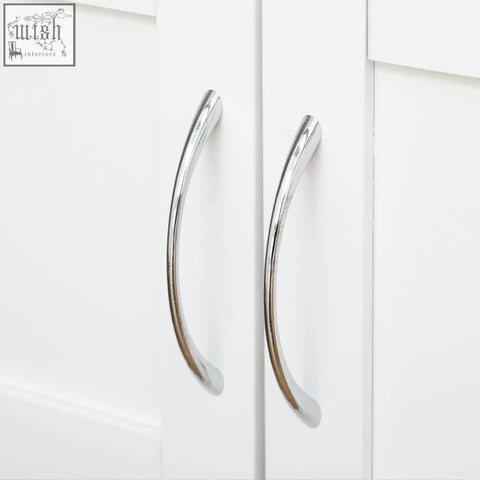 Chrome finished curved handles on homcom modern kitchen trolley with wooden countertop and three three-bottle wine rack