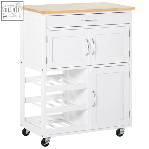 Homcom modern kitchen trolley white with wooden countertop, drawer, two cabinets, and three three-bottle wine rack below