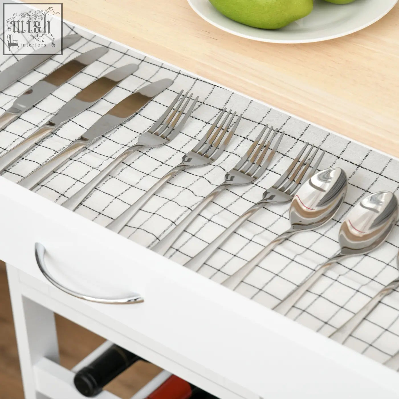 Shiny stainless steel cutlery set neatly arranged in drawer of white homcom modern kitchen trolley with three three-bottle wine rack
