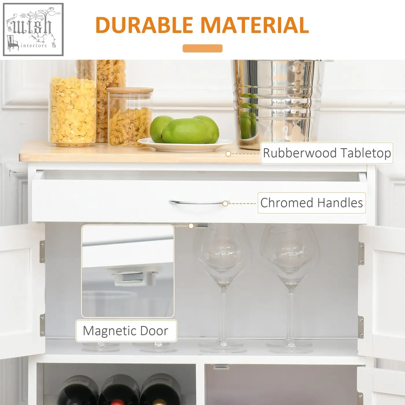 White homcom kitchen trolley with rubberwood top, chromed handles, magnetic doors, and three three-bottle wine rack