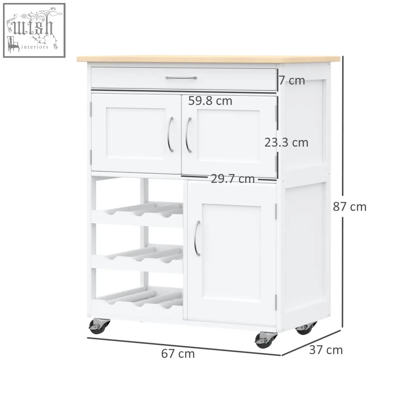 White homcom kitchen cart with light wood countertop and three three-bottle wine rack shelves for easy storage