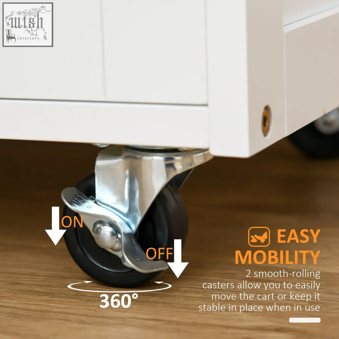 Silver-toned metal caster with black rubber wheel and adjustable brake on homcom kitchen trolley with three three-bottle wine rack