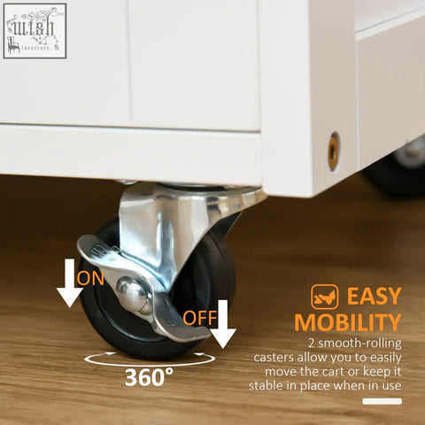Silver-toned metal caster with black rubber wheel and adjustable brake on homcom kitchen trolley with three three-bottle wine rack