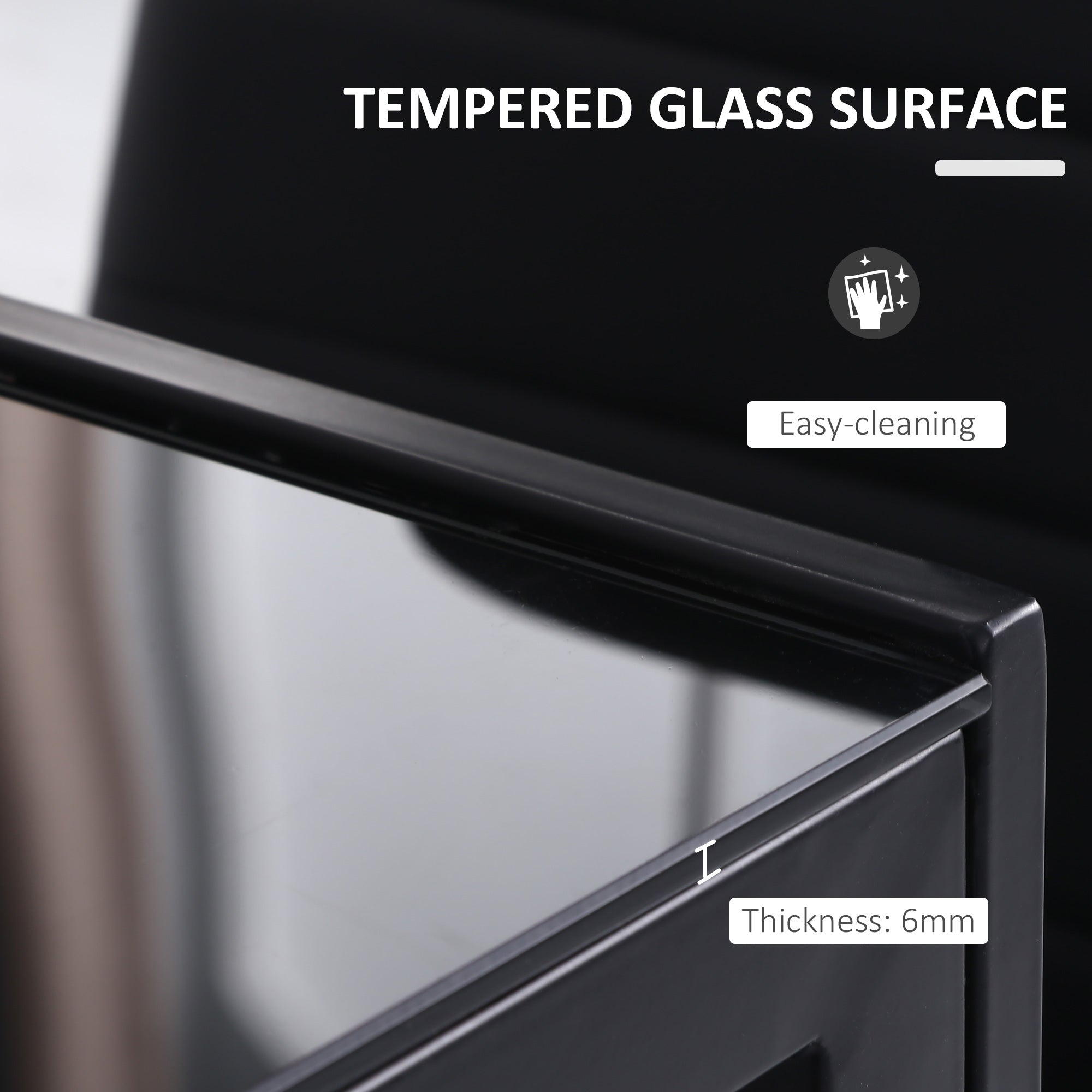 Black-framed modern dining table with 6mm tempered glass top perfect for dinner parties and everyday use