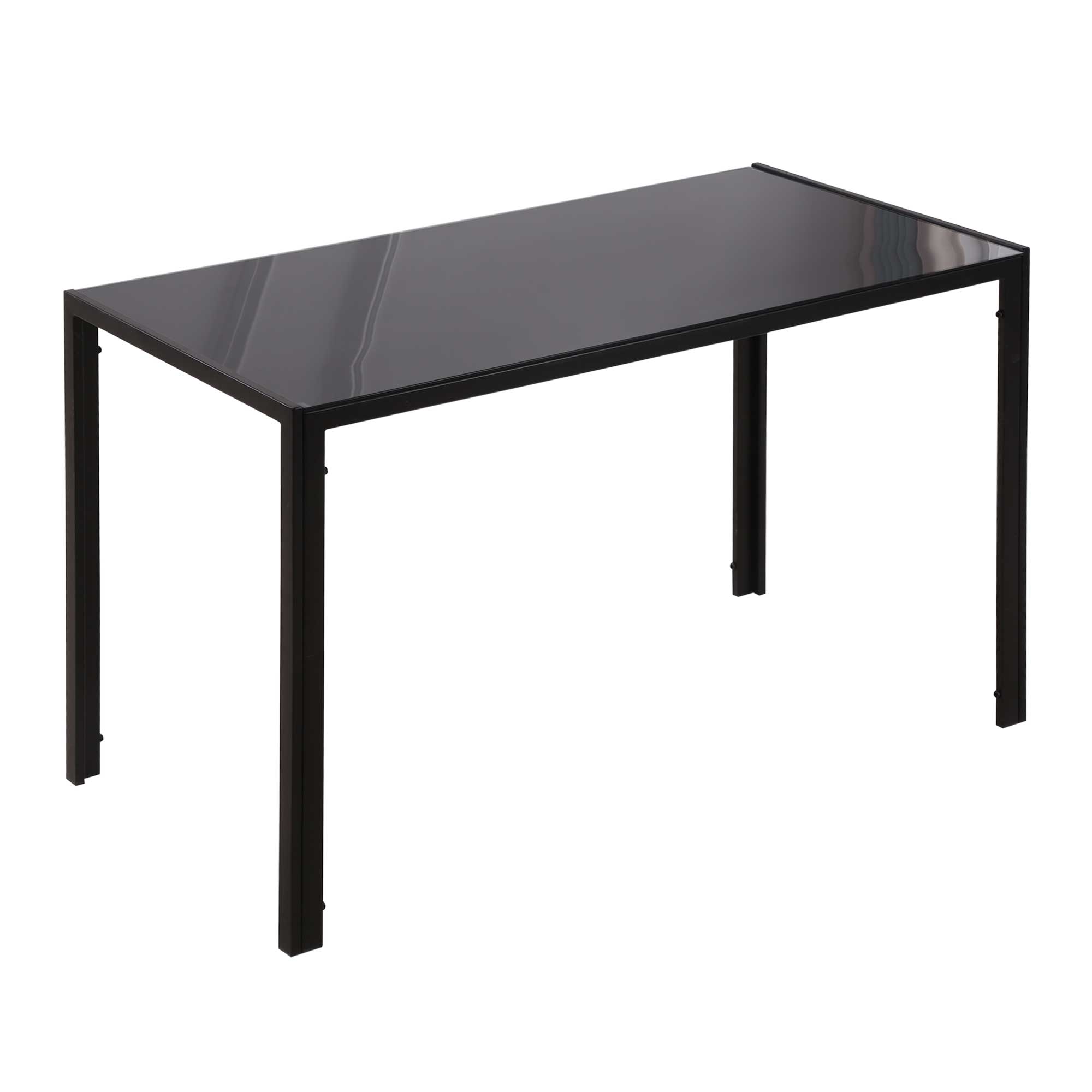 Black rectangular dining table with tempered glass top and metal legs perfect for dinner parties and modern kitchens