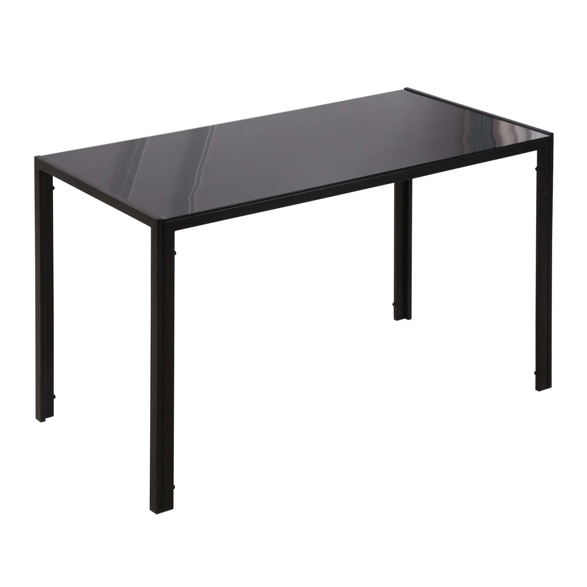 Black rectangular dining table with tempered glass top and metal legs perfect for dinner parties and modern kitchens