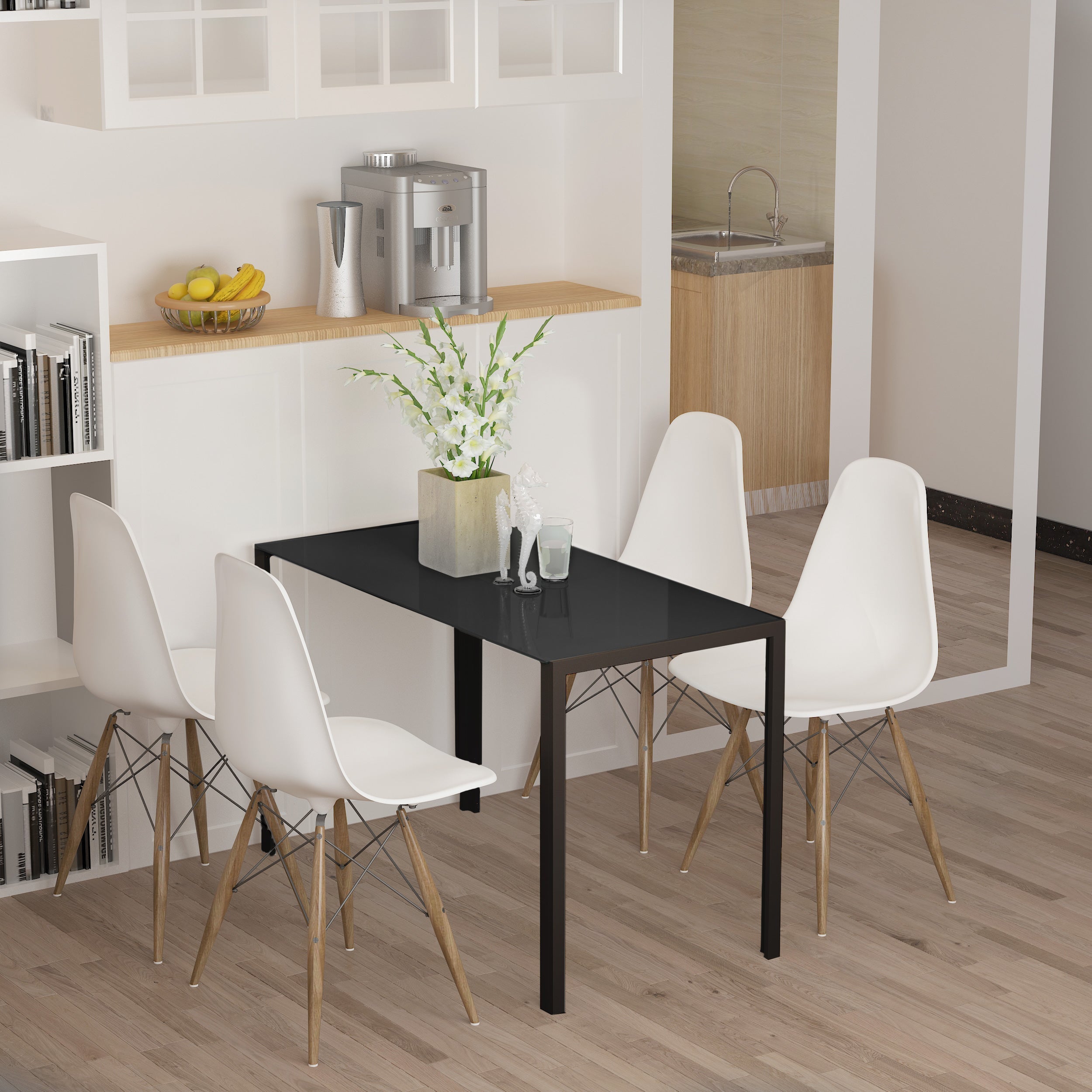Black rectangular dining table with tempered glass top and sleek metal legs perfect for dinner parties and dining room