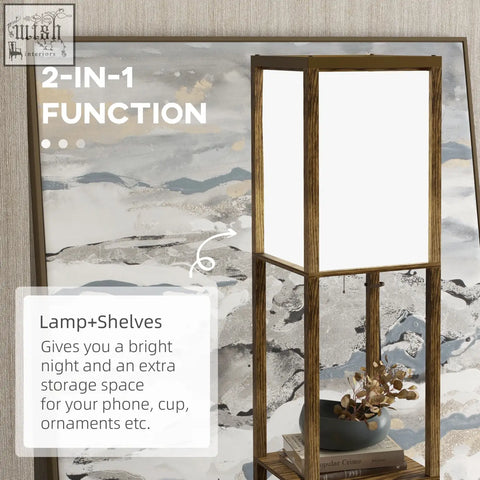 Homcom modern shelf floor lamp with wooden frame brown finish white panels and two middle shelves for living room