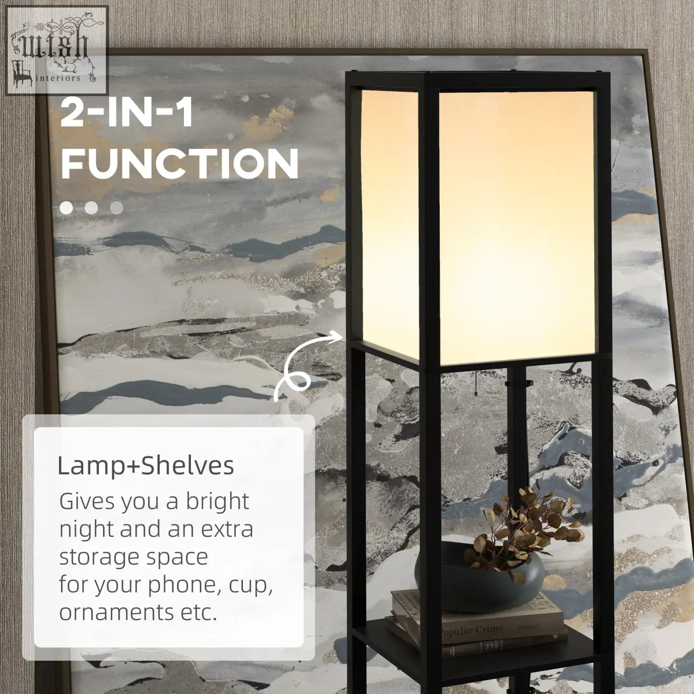 Black metal shelf lamp with two middle shelves and a beige fabric shade for living room or bedroom lighting