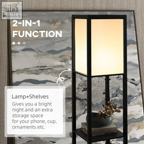 Black metal shelf lamp with two middle shelves and a beige fabric shade for living room or bedroom lighting