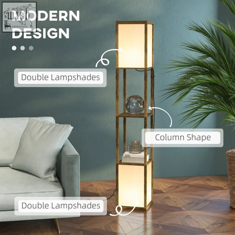Homcom modern shelf floor lamp with two middle shelves and dual warm light in rustic brown wood finish for living room
