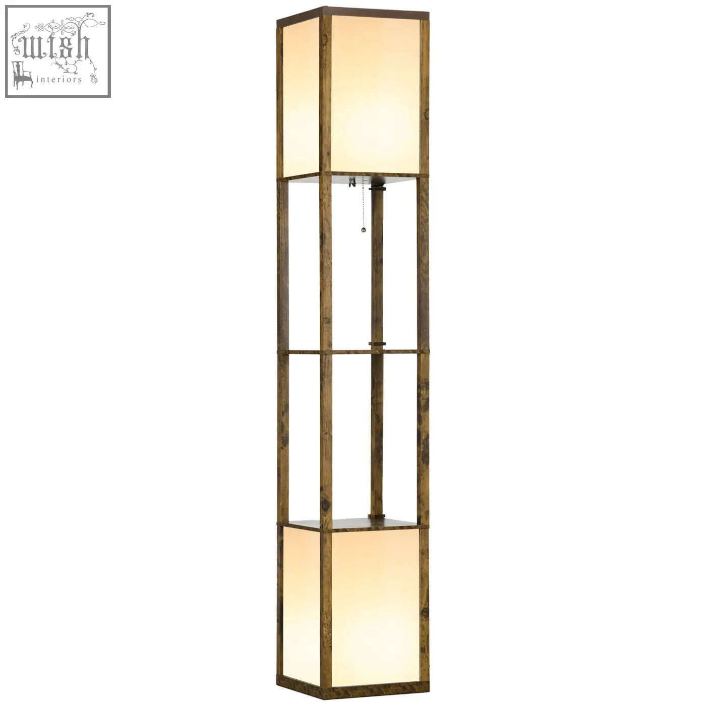 Homcom modern brown wooden floor lamp with warm glowing shade and two middle shelves for living room or bedroom use