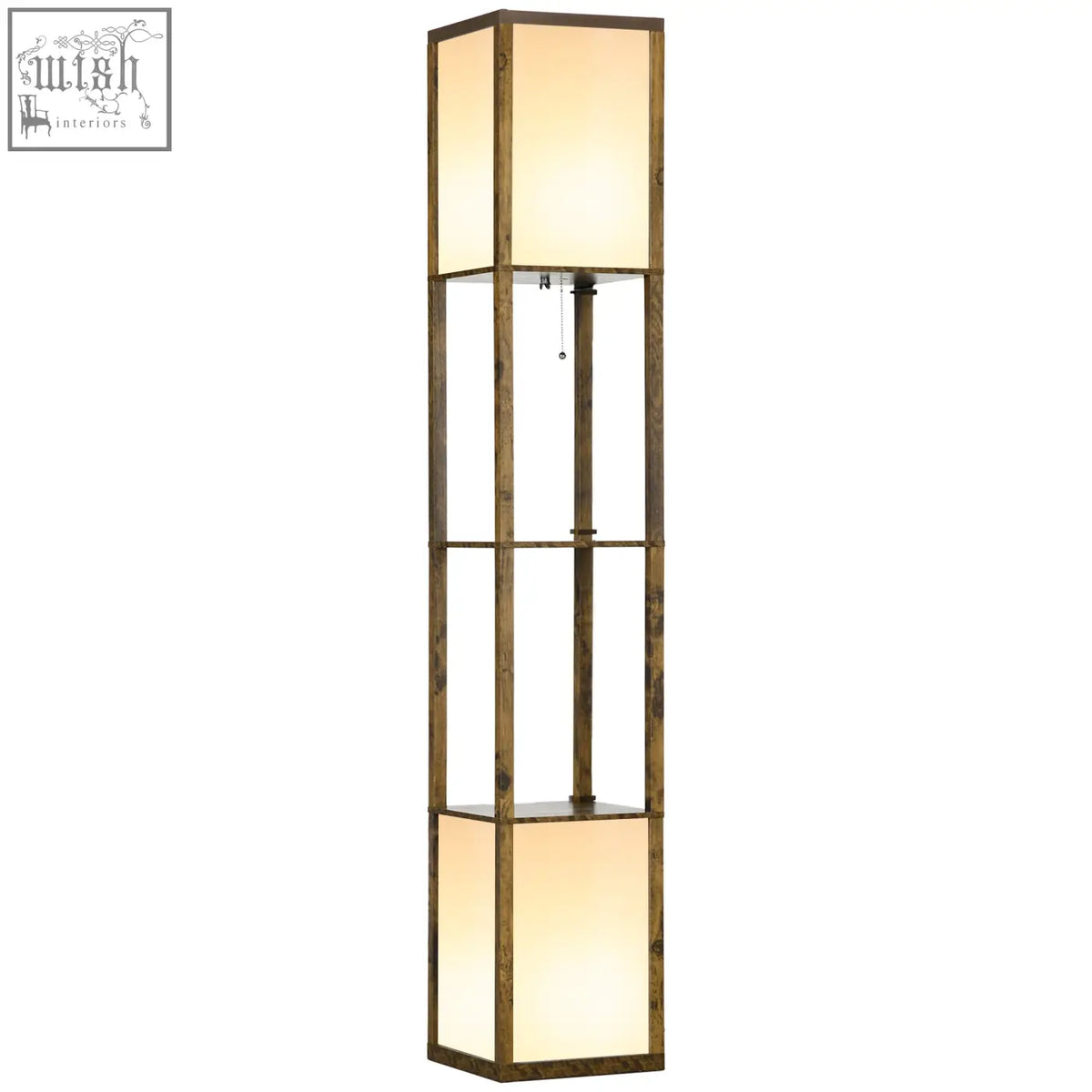 Homcom modern brown wooden floor lamp with warm glowing shade and two middle shelves for living room or bedroom use