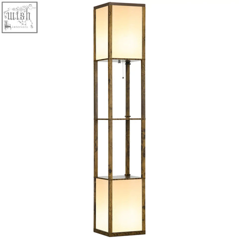Homcom modern brown wooden floor lamp with warm glowing shade and two middle shelves for living room or bedroom use