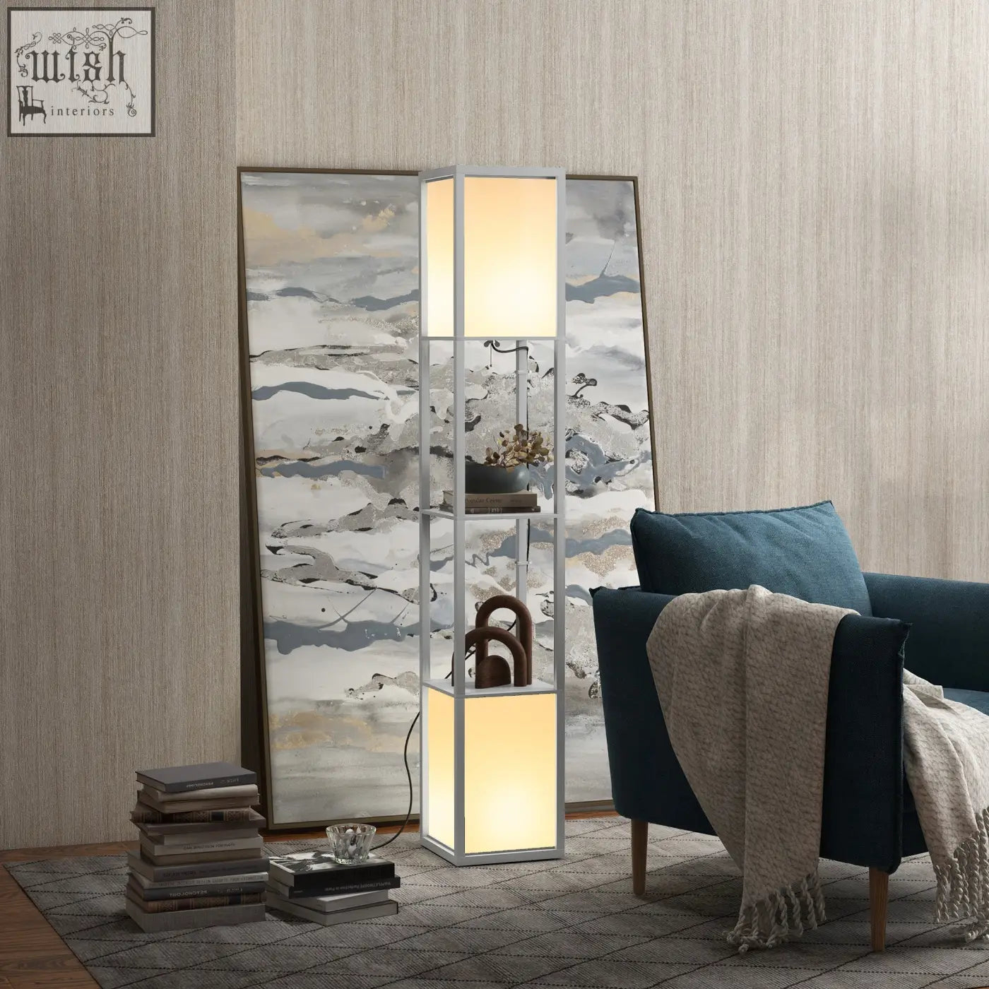 Homcom modern shelf floor lamp with sleek silver frame, warm rectangular light panels, and two middle shelves in grey