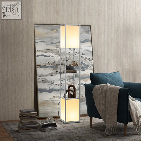 Homcom modern shelf floor lamp with sleek silver frame, warm rectangular light panels, and two middle shelves in grey